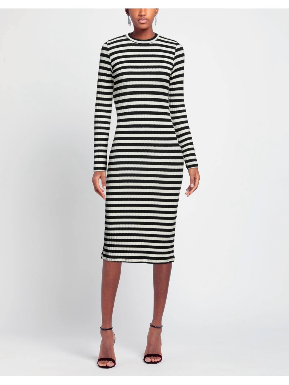 BERNA Striped Long Sleeve Bodycon Midi Dress - Black & White
